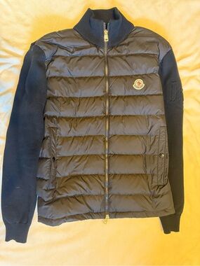 Moncler Men's Black Quilted Puffer Jacket with Knit Sleeves
